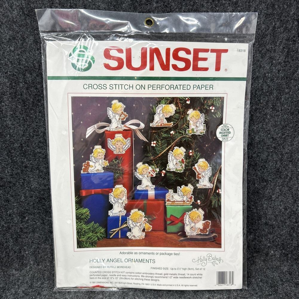 NOS 1993 Sunset Holly Angel Ornaments Cross Stitch Kit Barbara Mock Christmas